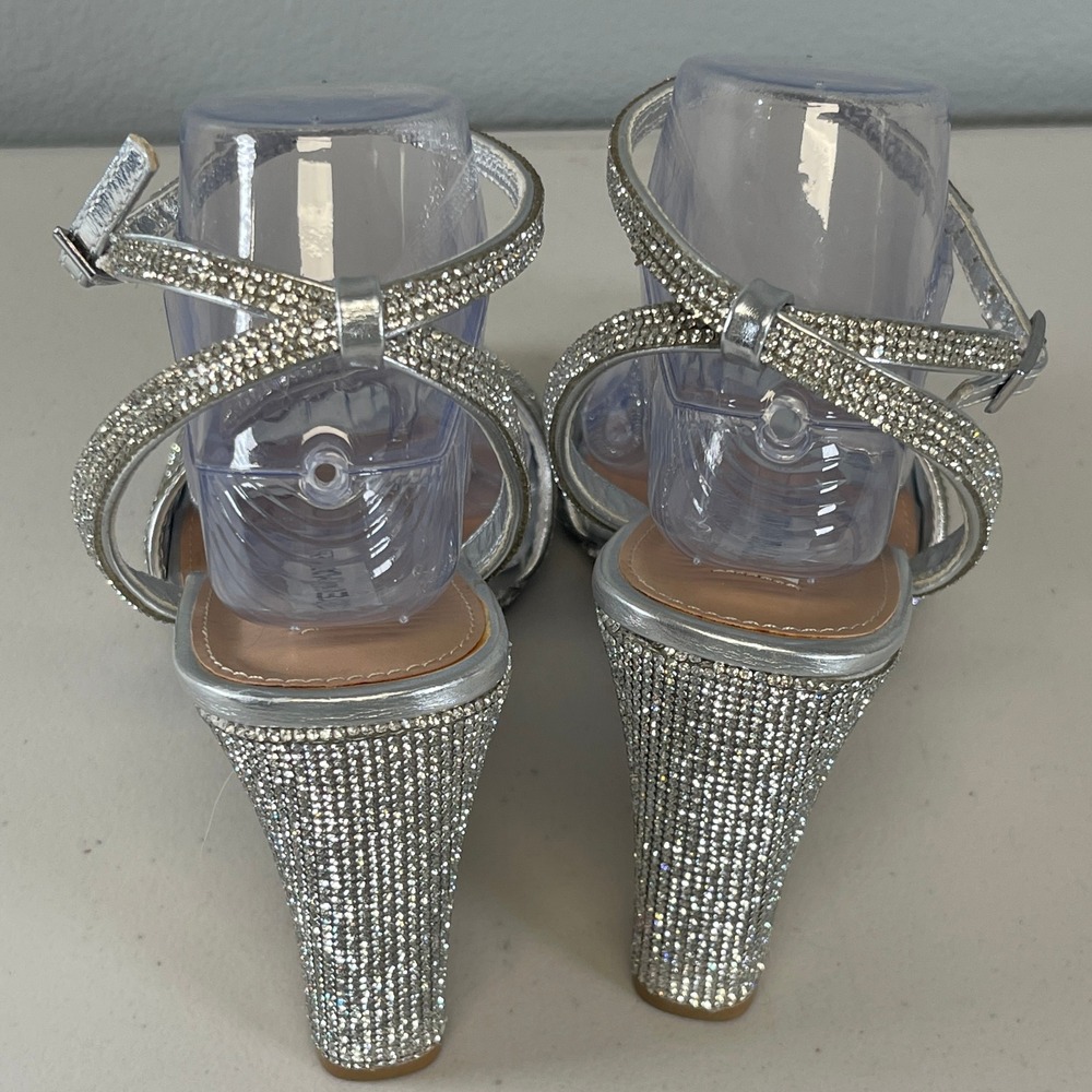 Steve Madden Sophey Sz 10 Silver Rhinestone Wedge Sandals Ankle Strap Sparkly - Picture 7 of 13